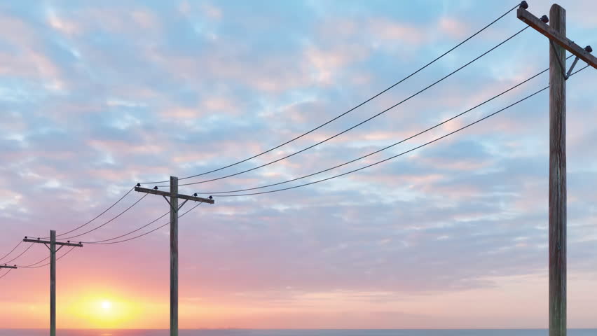 A close-up view of multiple electricity poles and cables at sunset. Royalty-Free Stock Footage #3432373669