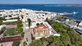 Aerial drone video from famous Byzantine monastery of Ekatontapyliani in main village of Paros island, Parikia, Cyclades, Greece