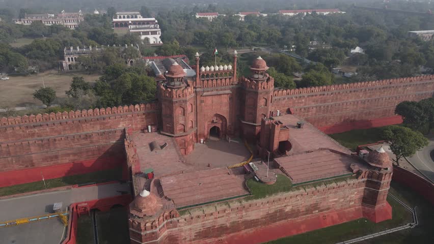 Aerial Drone clip of Red Fort ,Chandni Chowk and Temples  in New Delhi india