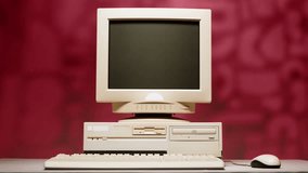 Retro pc with loading code console, programmer making scripts, green basic screen, Old computer studio close-up, Desktop vintage retro wave display, late 90s PC.