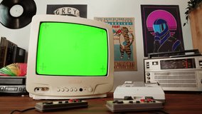 Vintage tv chroma key green screen with Old TV Game Console with ROM Cartridge with TV, Vintage Gamer Room Joystick and Retro TV, Man Player Start the Game, Play. - Powered by Shutterstock - Get 15% off with code: PIKWIZARD15