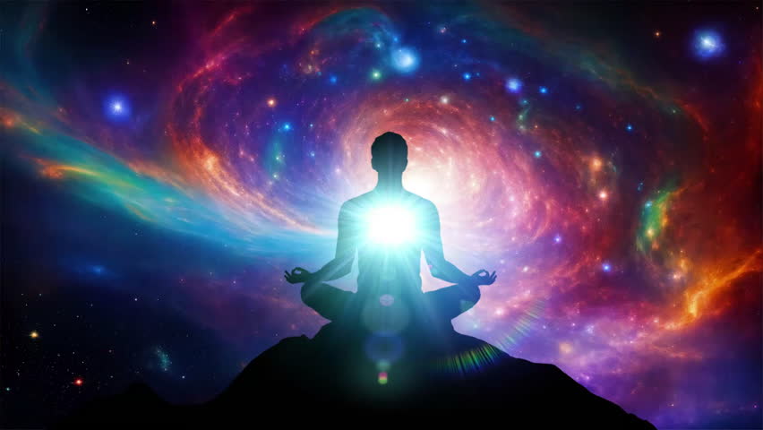 Silhouette of a man meditating on the lotus pose in front of galaxy universe background Royalty-Free Stock Footage #3432439197