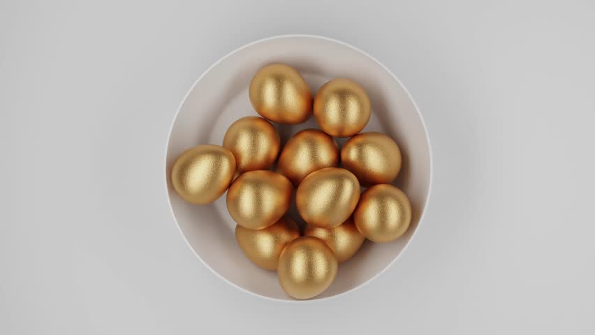 Falling easter gold eggs in plate animation. 3D Illustration