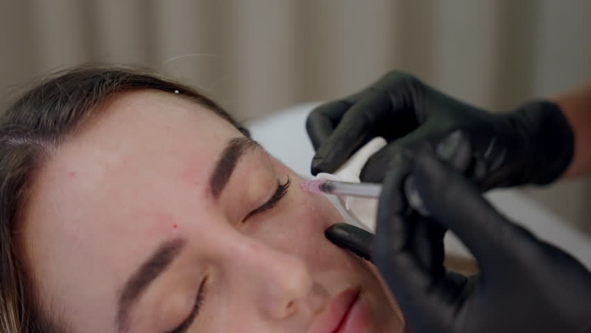 young woman getting beauty injection in cosmetic clinic. Close up cosmetologist doing botox injection in forehead to patient in beauty clinic. Rejuvenation, injectable cosmetology and medicine concept Royalty-Free Stock Footage #3432441327