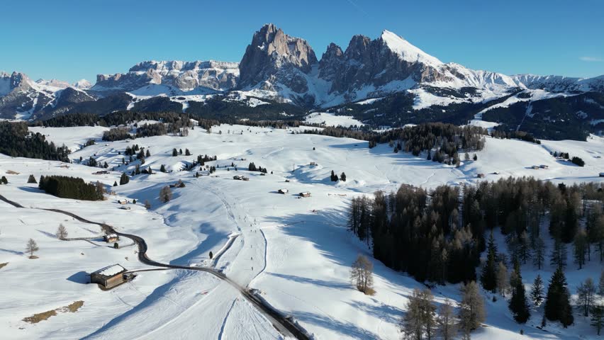 Cinematic arial view of alp di suisi, Dolomities 