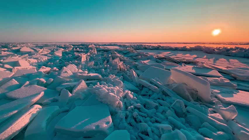 Frozen winter lake Baikal Siberia Russia. Ice blocks and hummocks in the snow. Strong wind and snowstorm on blue transparent ice. Natural cold ice background. Winter abstract background. High quality 