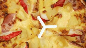 Indulge in a pizza masterpiece: cheese, pineapple, and crab sticks from a bird's eye view. Cuisine and ingredients concept. Shot with 24mm probe macro lens. Pizza background. 4K.
