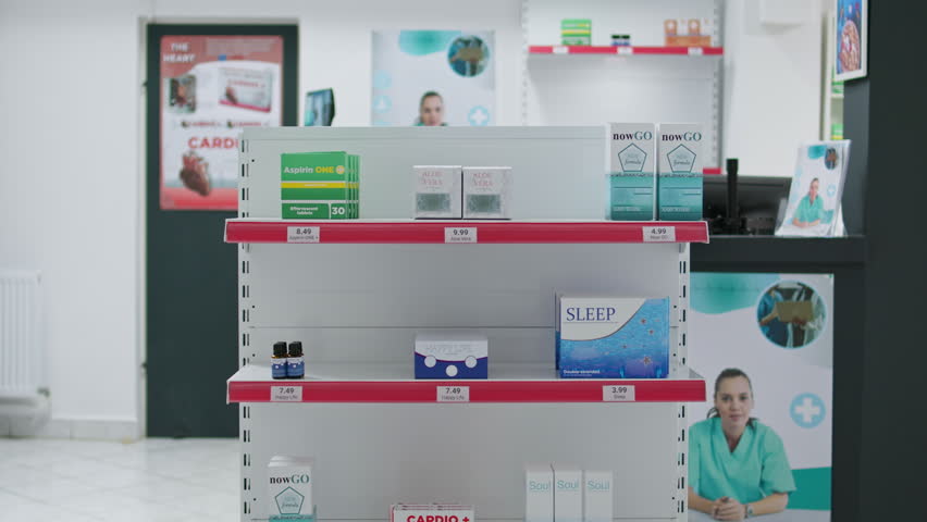 Empty drugstore shelves filled with medical supplies and pills, to sell prescription medicine or treatment to customers. Pharmacy store with medication and vitamins, painkillers and nutrients.
