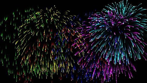 Beautiful cg animation fireworks in celebration day. This salute can be seen at the opening of the festival , on independence day, new year and other holidays, 4K seamless loop alpha matte included