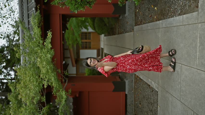 Hello, japan! confident and beautiful hispanic woman in glasses extends a friendly wave invite at gotokuji temple, tokyo's lucky cat maneki-neko home.
