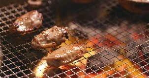 Barbecue with chicken wing, mushroom and capelin fish on grilled net outdoors