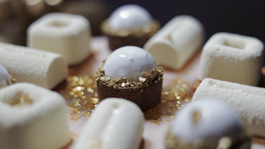 Close up of different geometric shaped souffle desserts sprinkled with edible gold flakes on blurred background. White haute cuisine mousse confectionery luxury decorated for guests impressing.