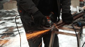 Worker use an Angle Grinder producing. Worker grinding metal. Remove rust. Bright sparks and flashes - Powered by Shutterstock - Get 15% off with code: PIKWIZARD15