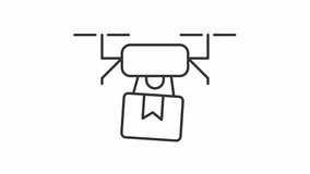 Animated delivering drone icon. Robotic cargo transportation line animation. Advanced technology assistance. Black illustration on white background. HD video with alpha channel. Motion graphic