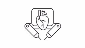 Animated robot operating heart icon. Modern surgery technology line animation. Life saving AI assistance. Black illustration on white background. HD video with alpha channel. Motion graphic