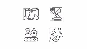 Animated production automation icons. Manufacture automatization line animation library. Industrial revolution. Black illustrations on white background. HD video with alpha channel. Motion graphic