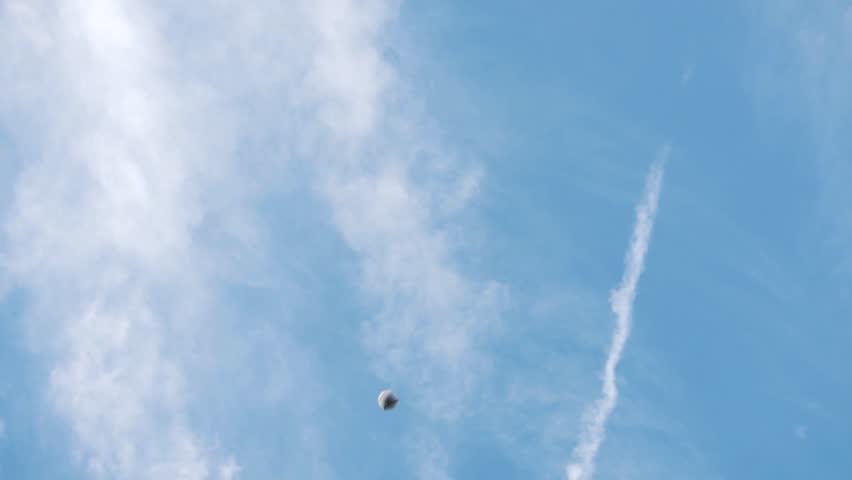 Baseball Catch Success By Fielder Wearing Glove, High Ball From Sky Slow Motion. American Sport And Exercise Outside With Blue Sky. Young Man White Caucasian.