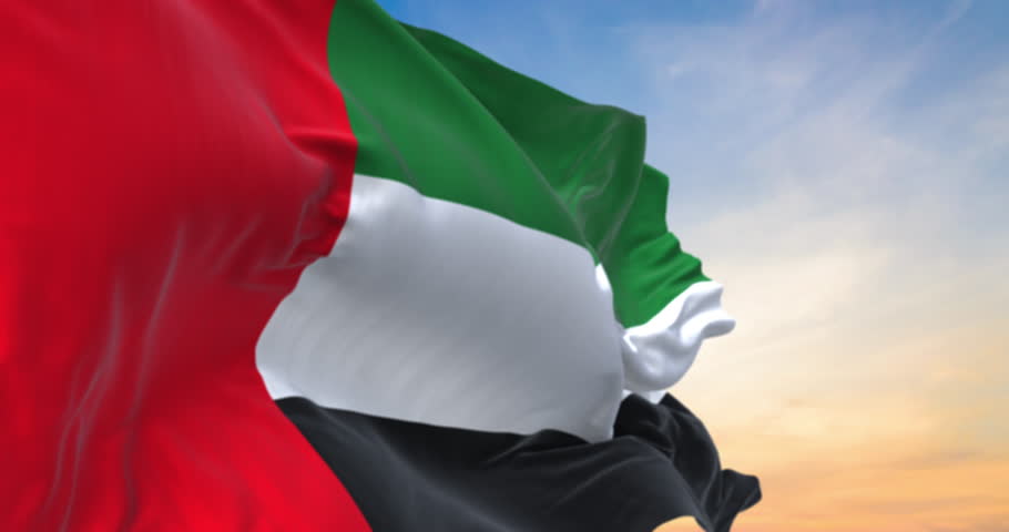 Detailed close up of the national flag of United Arab Emirates waving in the wind on a sundown, seamless loop and slow motion animation
