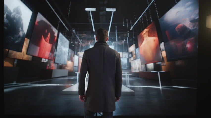 A Man Standing In A Room With Multiple Television Screens On The Wall Art Museum Advertising Photography Museums