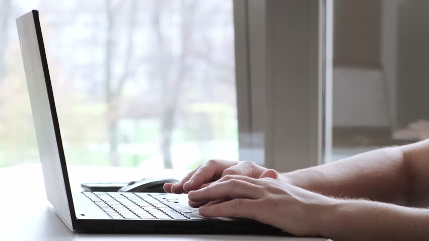 BUSINESS man hands type on laptop keyboard. Touch typing pointing cloud data social network media. White skin. Working on tablet computer. Extreme close-up human hands on keyboard. High quality 4K. Royalty-Free Stock Footage #3432821561