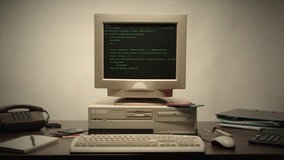 Retro pc with loading code console, programmer making scripts, green basic screen, Old computer studio close-up, Desktop vintage retro wave display, late 90s PC.