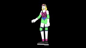 80s aerobics junkie line cartoon animation. Nostalgia 4K video motion graphic. Skater girl touching visor. 90s workout outfit blonde woman 2D linear animated character isolated on black background