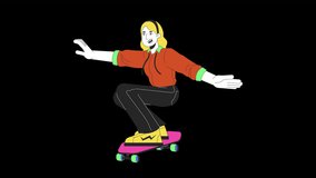 Skater girl 80s line cartoon animation. Nostalgia 4K video motion graphic. Leisure activity 90s. Caucasian female skateboarder 20s adult 2D linear animated character isolated on transparent background
