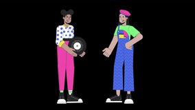 Showing off phonograph record line cartoon animation. Thumb up nostalgia 4K video motion graphic. 80s lovers girls friends diverse 2D linear animated characters isolated on transparent background