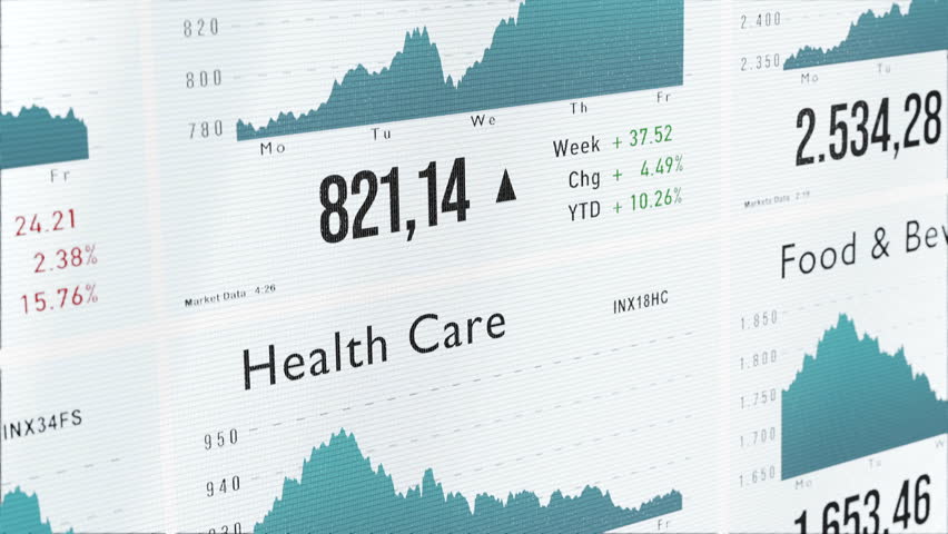 Health Care, Media, Semiconducter sector index charts and market data. Stock market and exchange, trading, close-up screen, research, investment. Royalty-Free Stock Footage #3432894269