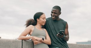 Happy, couple and laugh at phone outdoor for exercise with social media, communication and relax on break. Fitness, meme and people with funny post about workout or watch a video together in city