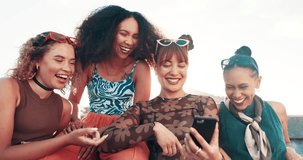 Reading, phone and friends outdoor with fashion laugh at funny meme or social media post. Happy, group and women together with crazy information or watch video on smartphone at beach in Miami summer