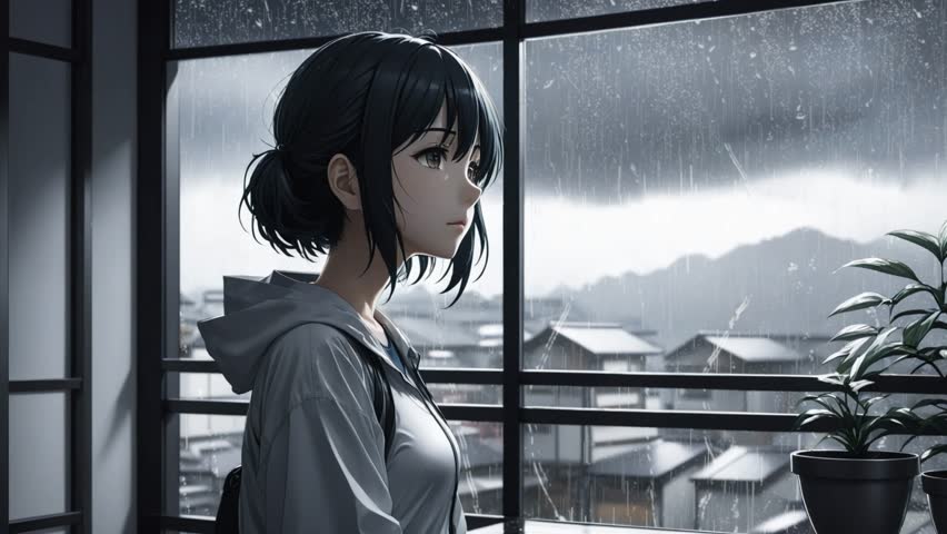 Lo-fi girl alone on her balcony at night looking at the storm and the rain outside Royalty-Free Stock Footage #3432978535