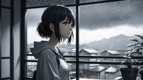 Lo-fi girl alone on her balcony at night looking at the storm and the rain outside