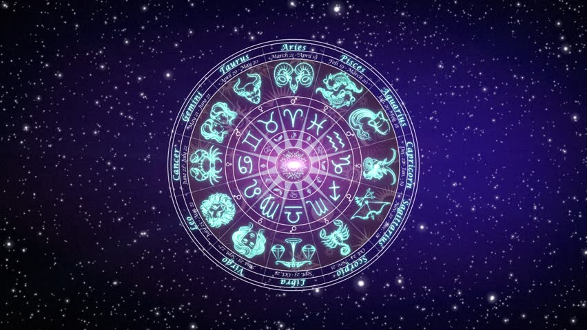 Astrological chart of the 12 signs of the Zodiac, rotating slowly on a deep space background with stars in 3D space and a slow smooth dolly-in camera move, mystical dark purple and blue color scheme