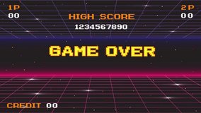 GAME OVER INSERT A COIN TO CONTINUE .pixel art .8 bit game. retro game. for game assets. Retro Futurism Sci-Fi Background. glowing neon grid and stars from vintage arcade comp - Powered by Shutterstock - Get 15% off with code: PIKWIZARD15