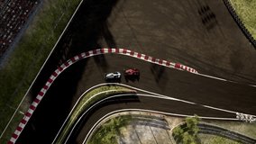 OVERHEAD Two modern race cars racing on a speedway . Realistic 3d rendering - Powered by Shutterstock - Get 15% off with code: PIKWIZARD15