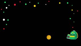 Back to school Animated elements education icons as a ball rolling and hitting a Schoolbag while colored dots flying in space - add text in the center - black background - Powered by Shutterstock - Get 15% off with code: PIKWIZARD15