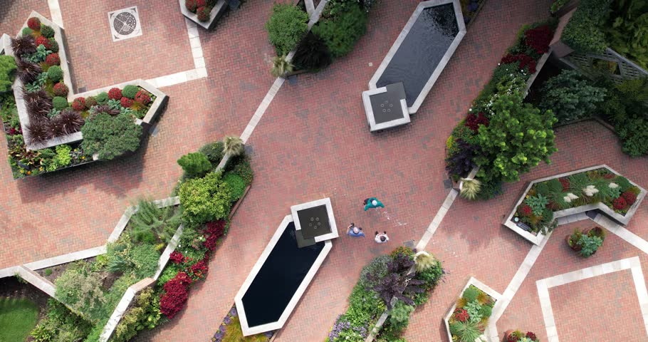 Top Down Aerial View, Chicago Botanical Garden, Glencoe IL USA, Enabling Garden, Flowers and Pathways