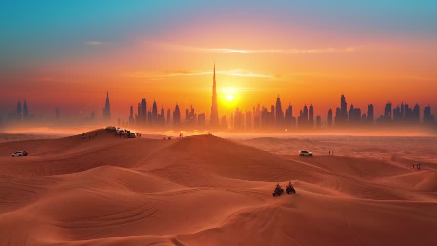 Group of people in a desert looks on the landing plane with Dubai city silhouette at epic sunset.
