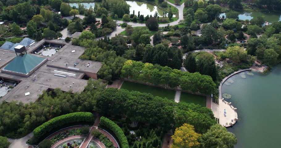 Drone Shot of Lenhardt Library Buildings and Gardens in Chicago Botanical Garden Glencoe IL USA