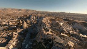 Aerial drone view of the natural beauty of Valley in Cappadocia, Turkey. Famous destination for hikers to explore the Rock Sites of Cappadocia.