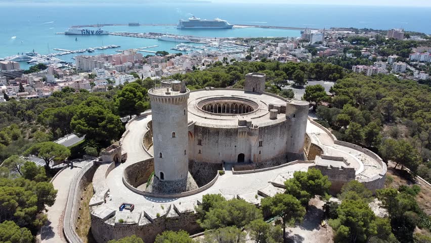Aerial view of the Castell de Bellver (Bellver Castle), a gothic-style castle built in the 14th century on a hill overlooking Palma on the Balearic island of Majorca (Spain) in the Mediterranean Sea