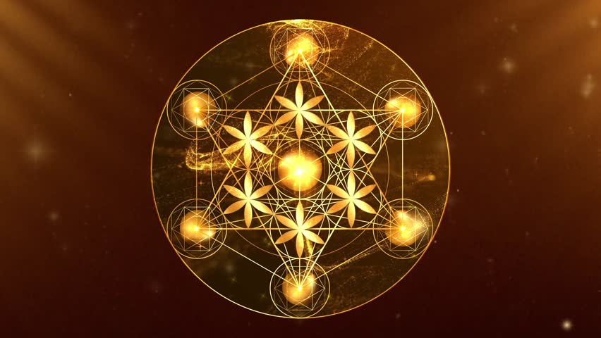 Video animation Metatron's Cube, Flower of Life. Golden Sacred geometry, graphic technology element fluid light background. Mystic gold icon platonic solids, abstract geometric drawing, crop circles Royalty-Free Stock Footage #3433110159