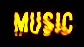 Text sign template isolated on black background. Word music glowing yellow in darkness with water waves moving over text with ripples and splashes. - Powered by Shutterstock - Get 15% off with code: PIKWIZARD15
