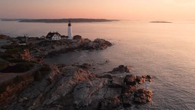 Portland Head Light aerial drone video at sunset in 4k