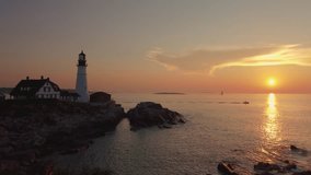 Portland Head Light aerial drone video at sunset in 4k