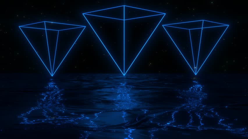 Futuristic background in cyberpunk style with ocean and neon pyramids in low poly style, concept for keyword, logo, advertising. Podium or stage in a seascape. Neon bright elements in night scene Royalty-Free Stock Footage #3433183425