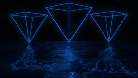 Futuristic background in cyberpunk style with ocean and neon pyramids in low poly style, concept for keyword, logo, advertising. Podium or stage in a seascape. Neon bright elements in night scene - Powered by Shutterstock - Get 15% off with code: PIKWIZARD15