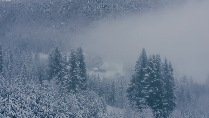 Winter landscape, slow low flight between snow covered forest towards house cabin hidden in fog at the foot of a high mountain, 50fps 2k