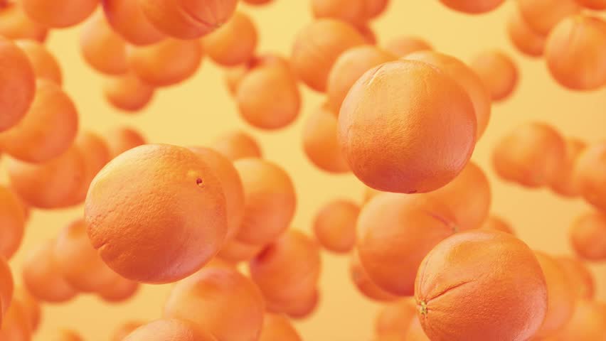 Super Slow Motion Shot of Oranges Flying Towards The Camera On An Orange Background. Shot of Exploding Oranges. Orange Fruit Flying And Rotating In Slow Motion. 3D Animation, 4K